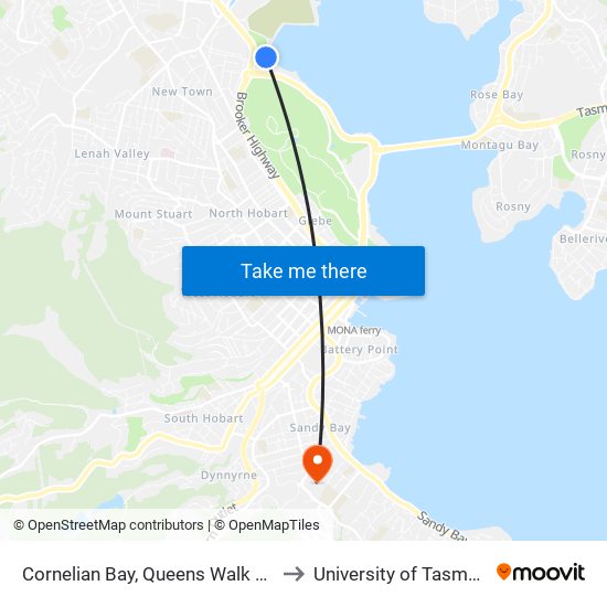 Cornelian Bay, Queens Walk Opp Boathouse to University of Tasmania (UTAS) map