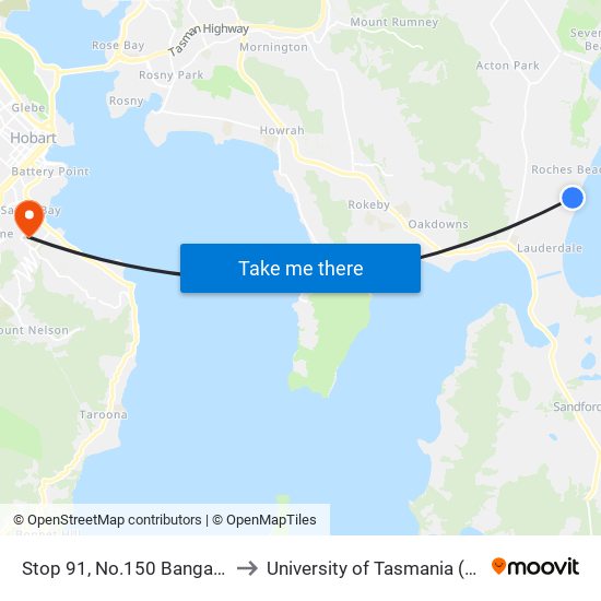 Stop 91, No.150 Bangalee St to University of Tasmania (UTAS) map