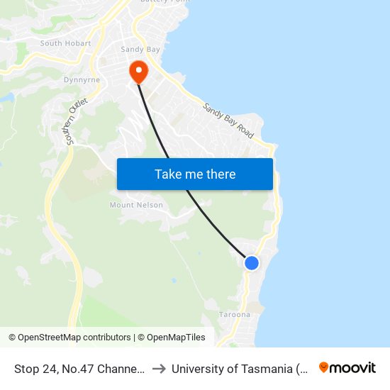 Stop 24, No.47 Channel Hwy to University of Tasmania (UTAS) map