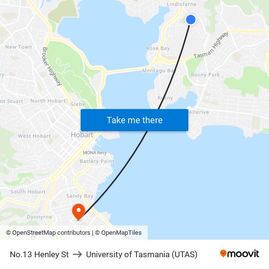 No.13 Henley St to University of Tasmania (UTAS) map