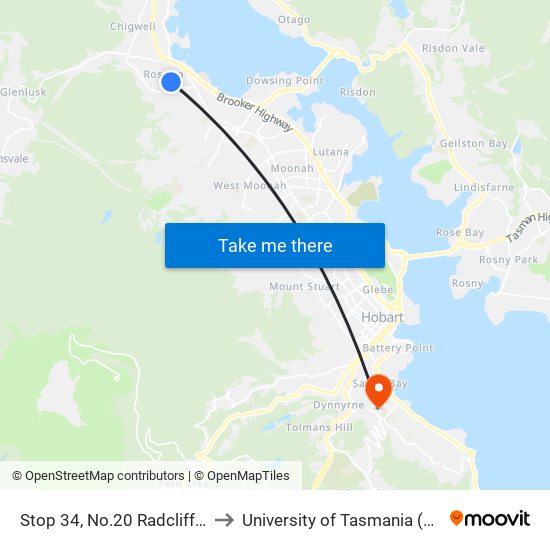 Stop 34, No.20 Radcliff Cres to University of Tasmania (UTAS) map