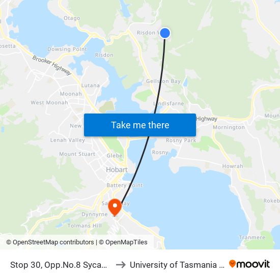 Stop 30, Opp.No.8 Sycamore Rd to University of Tasmania (UTAS) map