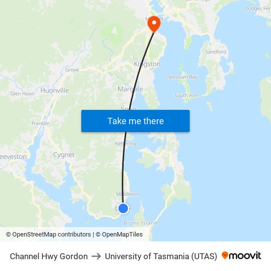 Channel Hwy Gordon to University of Tasmania (UTAS) map