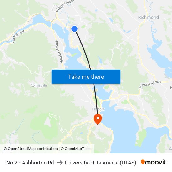 No.2b Ashburton Rd to University of Tasmania (UTAS) map