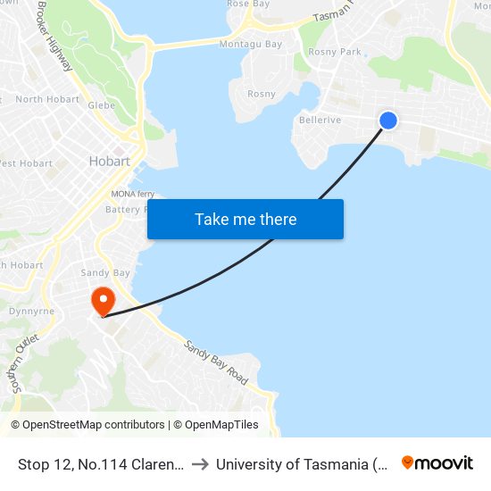 Stop 12, No.114 Clarence St to University of Tasmania (UTAS) map