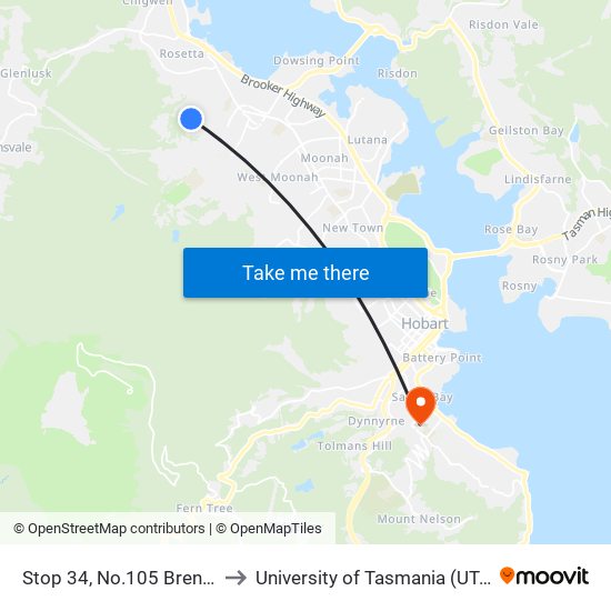 Stop 34, No.105 Brent St to University of Tasmania (UTAS) map