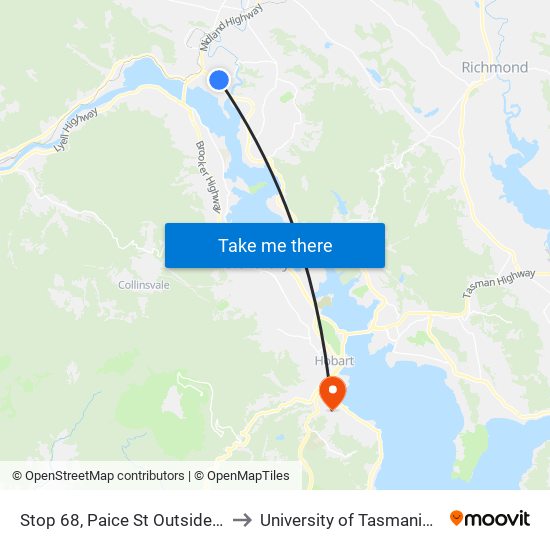 Stop 68, Paice St Outside St Pauls to University of Tasmania (UTAS) map