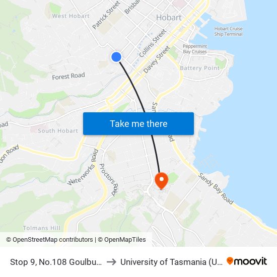 Stop 9, No.108 Goulburn St to University of Tasmania (UTAS) map