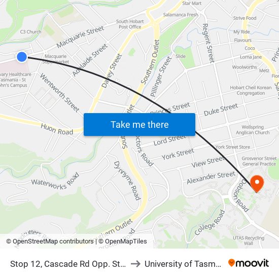 Stop 12, Cascade Rd Opp. St Johns Hospital to University of Tasmania (UTAS) map