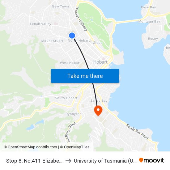 Stop 8, No.411 Elizabeth St to University of Tasmania (UTAS) map