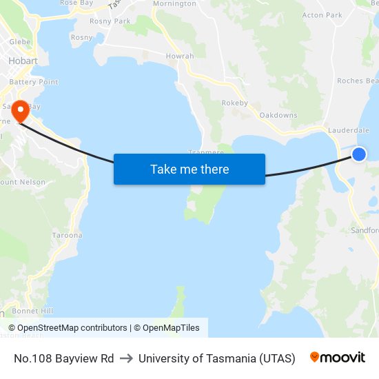 No.108 Bayview Rd to University of Tasmania (UTAS) map