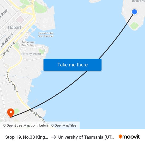 Stop 19, No.38 King St to University of Tasmania (UTAS) map