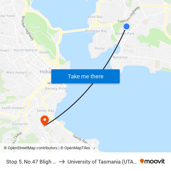 Stop 5, No.47 Bligh St to University of Tasmania (UTAS) map