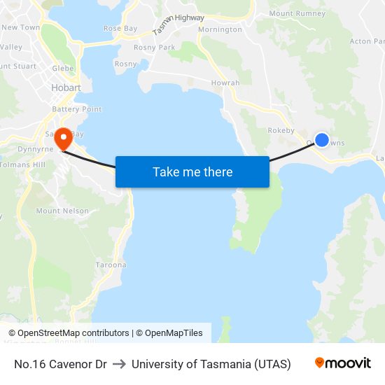 No.16 Cavenor Dr to University of Tasmania (UTAS) map