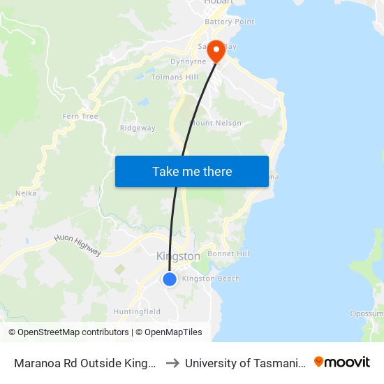 Maranoa Rd Outside Kingston Town to University of Tasmania (UTAS) map