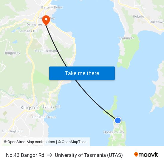 No.43 Bangor Rd to University of Tasmania (UTAS) map