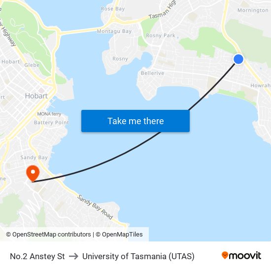 No.2 Anstey St to University of Tasmania (UTAS) map