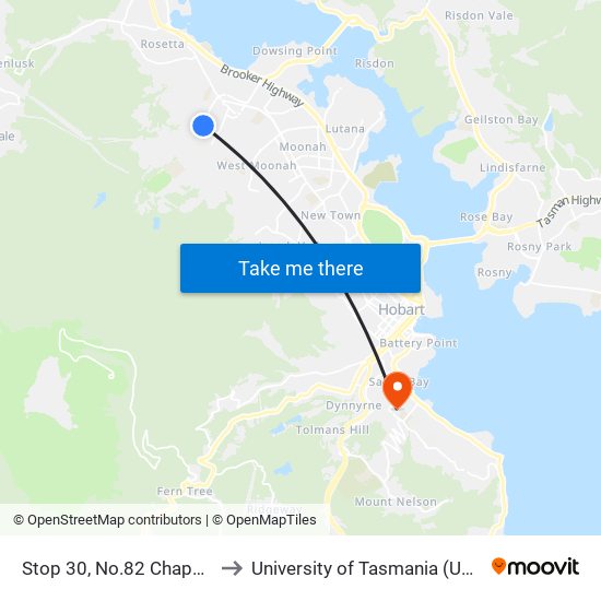 Stop 30, No.82 Chapel St to University of Tasmania (UTAS) map