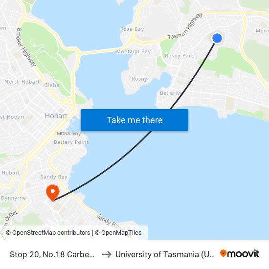 Stop 20, No.18 Carbeen St to University of Tasmania (UTAS) map