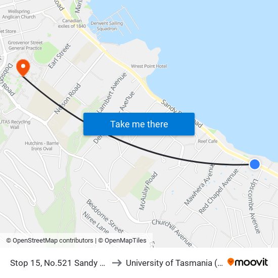 Stop 15, No.521 Sandy Bay Rd to University of Tasmania (UTAS) map