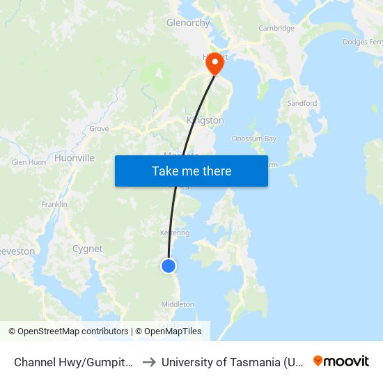 Channel Hwy/Gumpits Rd to University of Tasmania (UTAS) map