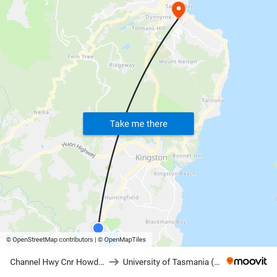 Channel Hwy Cnr Howden Rd to University of Tasmania (UTAS) map
