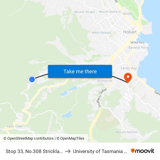 Stop 33, No.308 Strickland Ave to University of Tasmania (UTAS) map