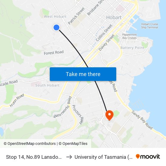 Stop 14, No.89 Lansdowne Cr to University of Tasmania (UTAS) map