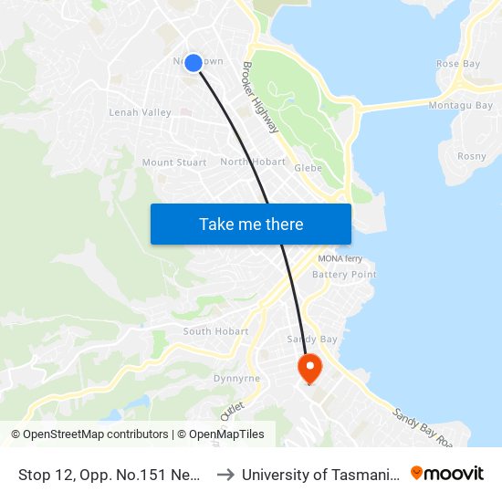 Stop 12, Opp. No.151 New Town Rd to University of Tasmania (UTAS) map