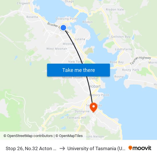 Stop 26, No.32 Acton Cres to University of Tasmania (UTAS) map