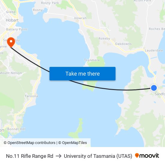 No.11 Rifle Range Rd to University of Tasmania (UTAS) map