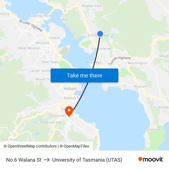 No.6 Walana St to University of Tasmania (UTAS) map