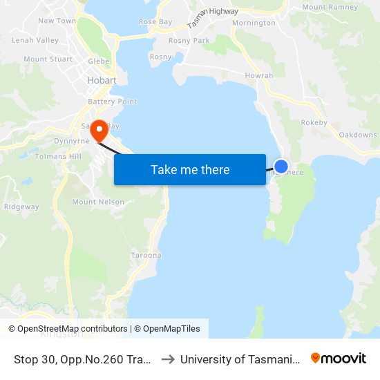 Stop 30, Opp.No.260 Tranmere Rd to University of Tasmania (UTAS) map