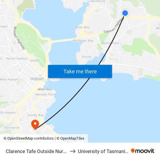 Clarence Tafe Outside Nursing Home to University of Tasmania (UTAS) map