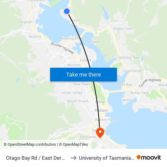 Otago Bay Rd / East Derwent Hwy to University of Tasmania (UTAS) map