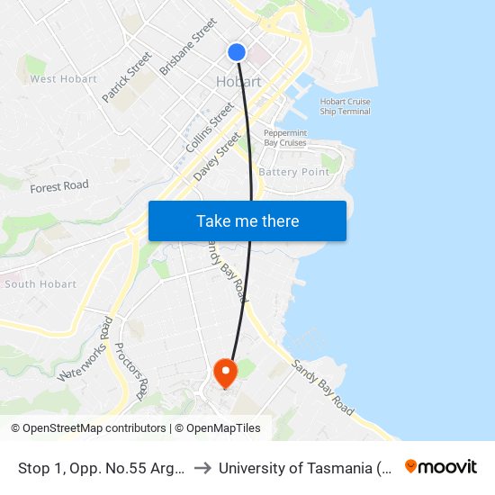 Stop 1, Opp. No.55 Argyle St to University of Tasmania (UTAS) map