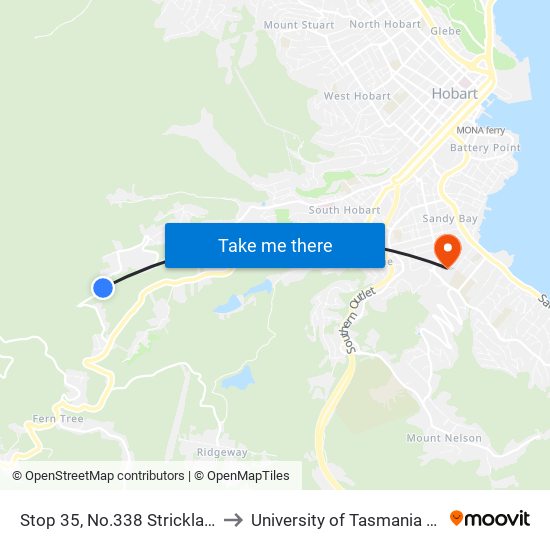 Stop 35, No.338 Strickland Ave to University of Tasmania (UTAS) map