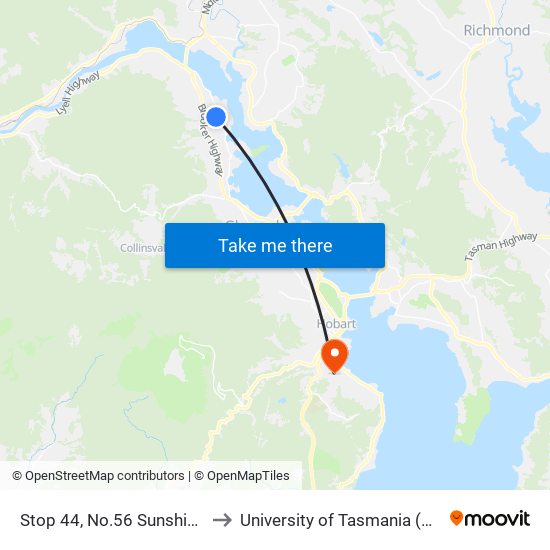 Stop 44, No.56 Sunshine Rd to University of Tasmania (UTAS) map