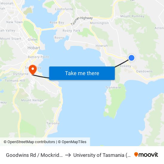 Goodwins Rd / Mockridge Rd to University of Tasmania (UTAS) map