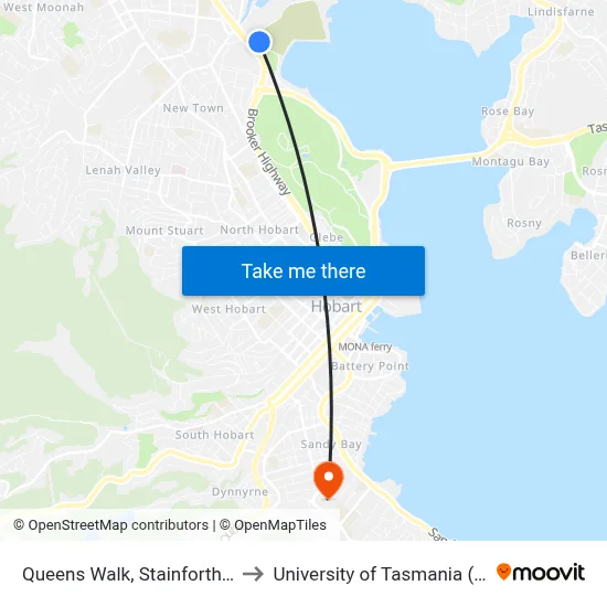 Queens Walk, Stainforth Court to University of Tasmania (UTAS) map