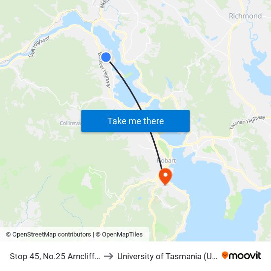 Stop 45, No.25 Arncliffe Rd to University of Tasmania (UTAS) map