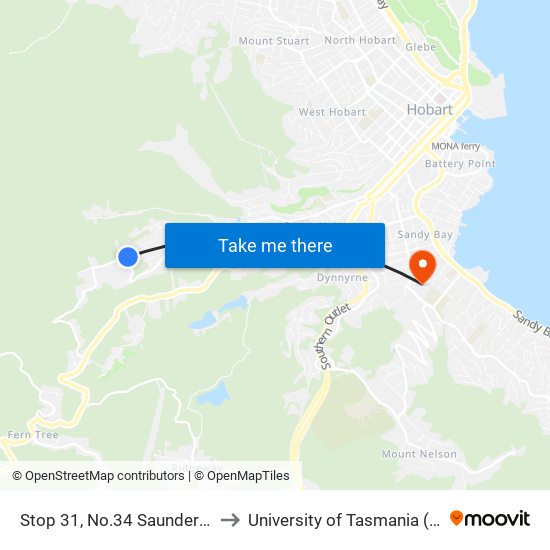 Stop 31, No.34 Saunders Cres to University of Tasmania (UTAS) map