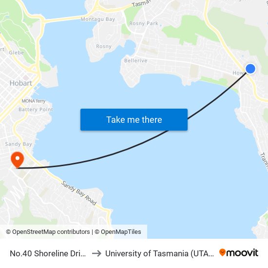 No.40 Shoreline Drive to University of Tasmania (UTAS) map