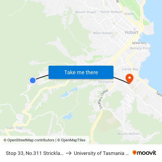 Stop 33, No.311 Strickland Ave to University of Tasmania (UTAS) map