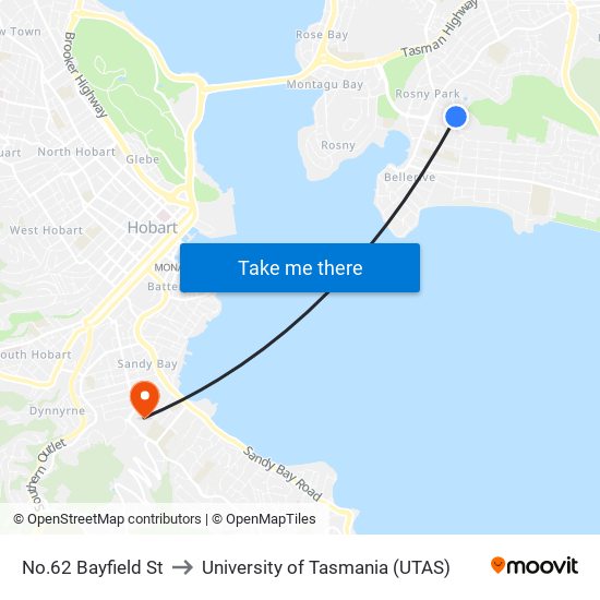 No.62 Bayfield St to University of Tasmania (UTAS) map