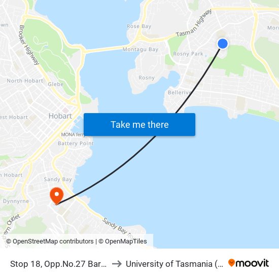 Stop 18, Opp.No.27 Barana St to University of Tasmania (UTAS) map