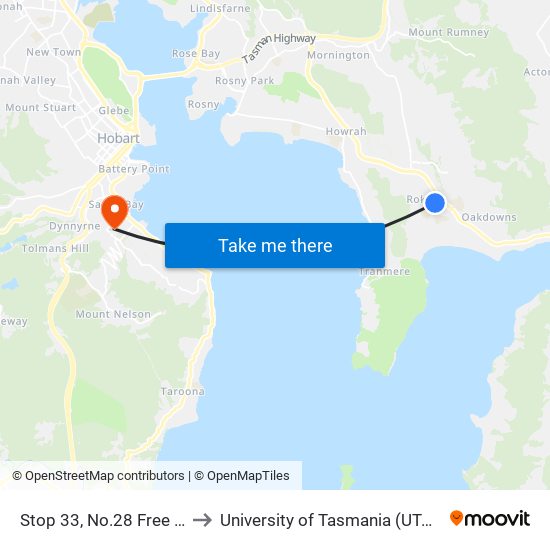 Stop 33, No.28 Free St to University of Tasmania (UTAS) map