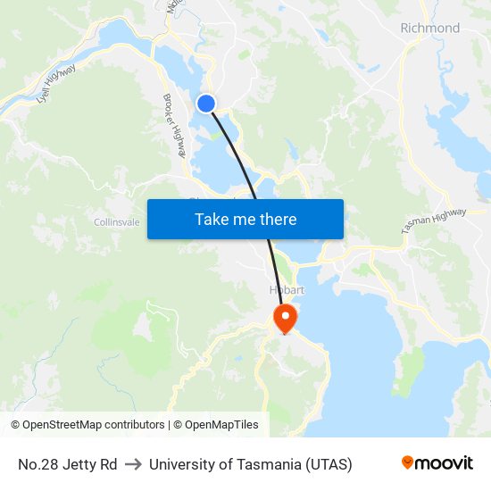 No.28 Jetty Rd to University of Tasmania (UTAS) map