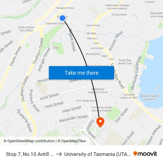 Stop 7, No.10 Antill St to University of Tasmania (UTAS) map