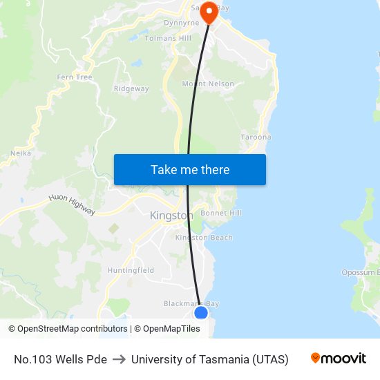 No.103 Wells Pde to University of Tasmania (UTAS) map